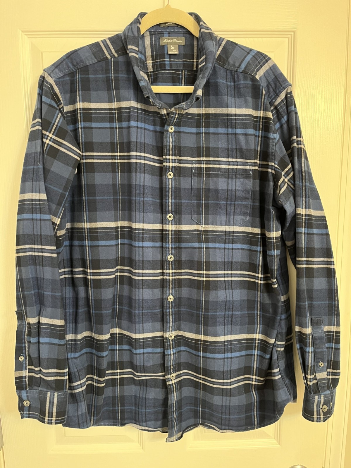 Mens Eddie Bauer Relaxed Fit Cotton Flannel Blue Plaid Shirt XL Tall