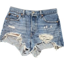 Pantaloncini Levis 501 Original Distressed Denim Lavaggio Medio Med Rise Taglia 29 Cut Off