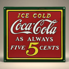 Coca-Cola Ice Cold 5 Cents Embossed Metal Wall Sign