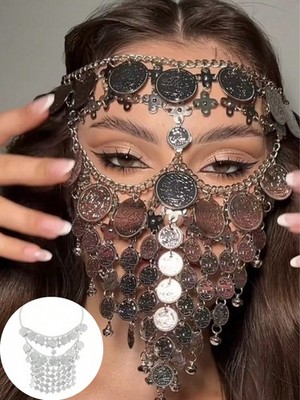 Silver Triangle Face Veil With Coin Chains For Masquerade Festival