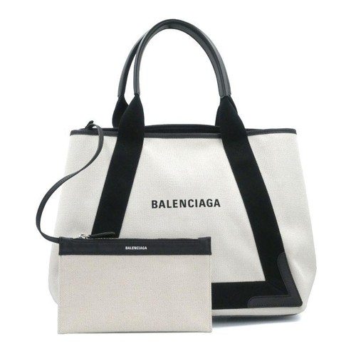 Balenciaga Navy Cabas M White Black Cotton Calfskin Tote Bag Auth