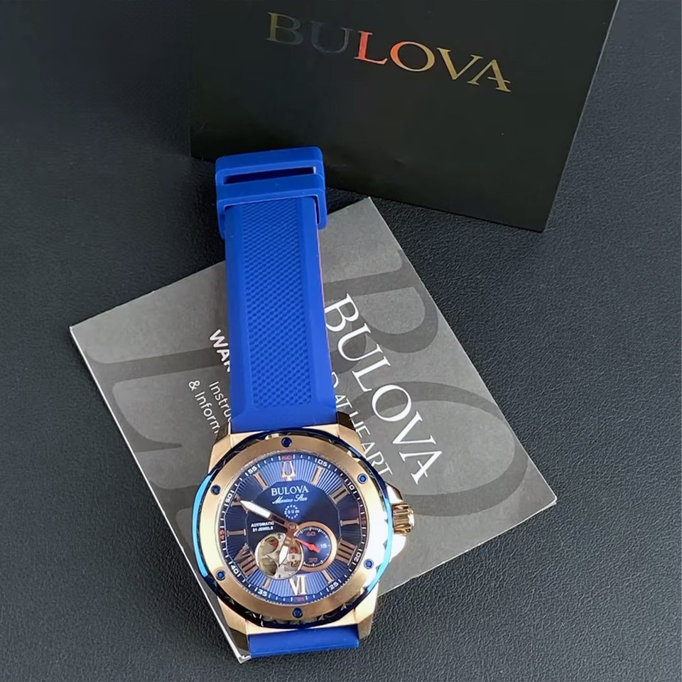 Men's Bulova Marine Star Blue Dial Red Silicon 98A227 Automatic New ...