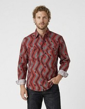 Vintage Wrangler Western Geo Arrow Pattern Red Gray Button Up Mens M Made In USA