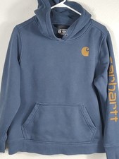 Carhartt Hoodie Youth Large Navy Blue Relaxed Fit Pullover Spell Out Sleeve
