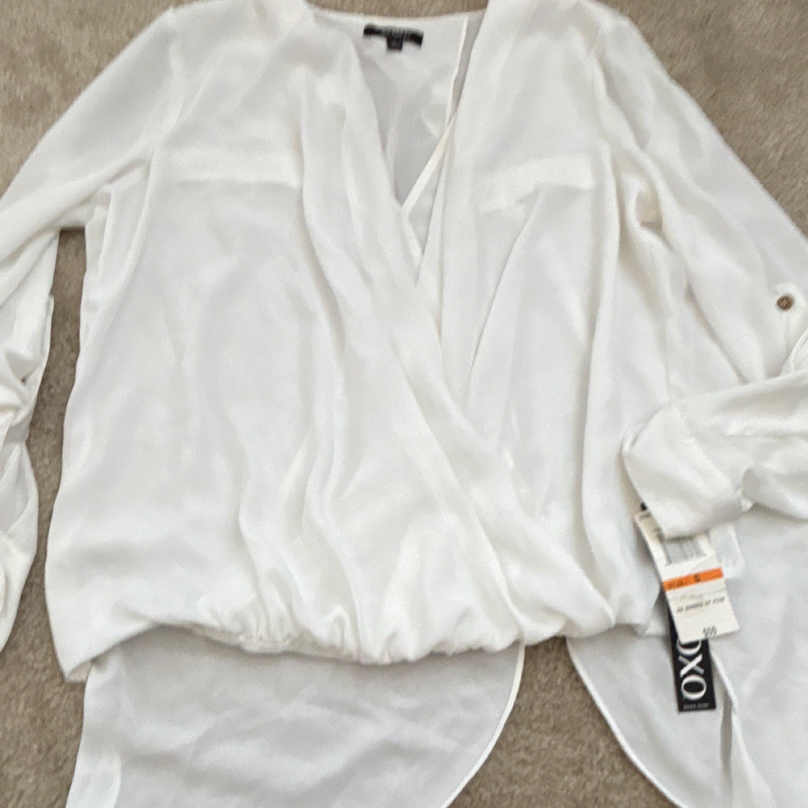 XOXO White Sheer Chiffon Surplice Blouse Button Long Sleeve S