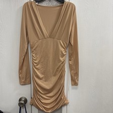 Women’s Beige Solid V-Neck Long Sleeve Ruched Stretch Knit Bodycon Mini Dress S