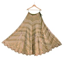 Indian Pre-owned Green Pure Tissue Silk Hand Embroidered Lehenga/Skirt dabka