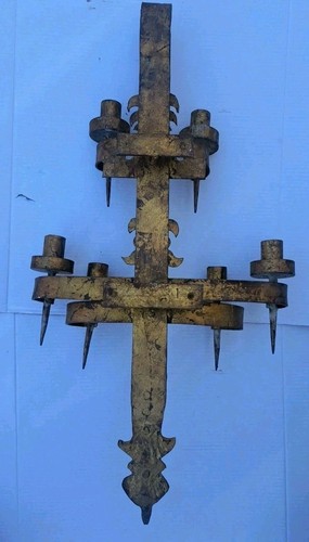 Antique Architectural Gothic Medieval Heavy Forged Iron Wall Candle Holder - Picture 2 of 13