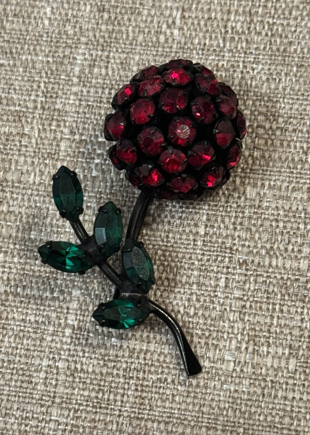 Signed Vintage WARNER Rhinestone Red Cherry Green… - image 1