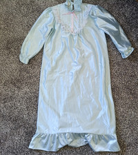 Vintage Youth 90s Girls 8 Satin Long Nightgown Polyester Long Sleeve Blue Lace