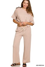 Zenana Women's Raised Rib Short Sleeve Tee  Pants Set - Ash Mocha