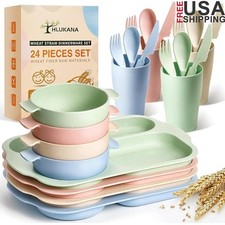 24 Pcs Wheat Straw Dinnerware Set Unbreakable Eco-Friendly Kids Cutlery New
