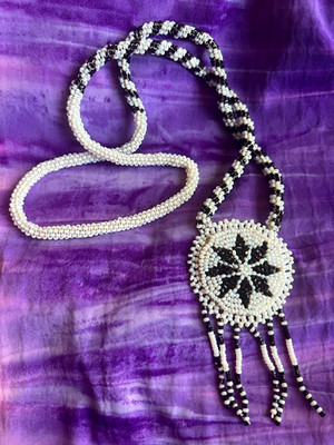 1970's Tohono O odham Hand Crafted Beaded Medallion Necklace Black Starburst 20''