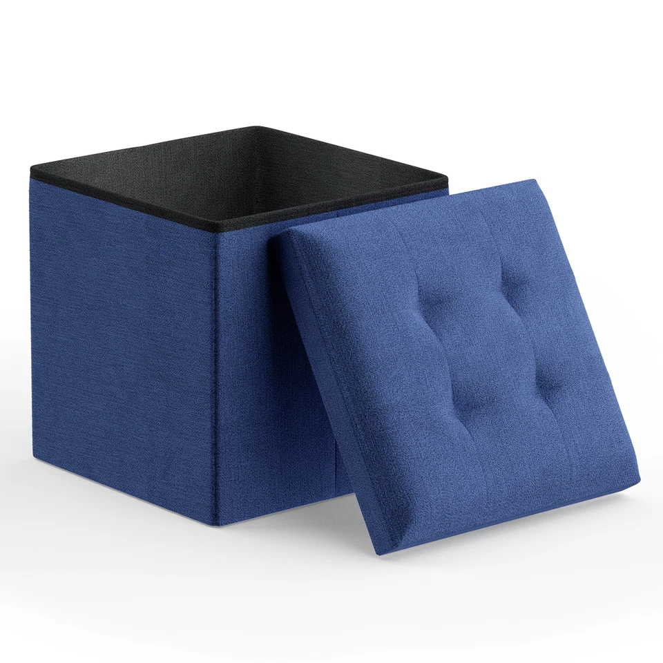 Navy Blue Fabric Storage Ottoman Classic Cube Home Living Room Décor Footstool - Image 2 of 4