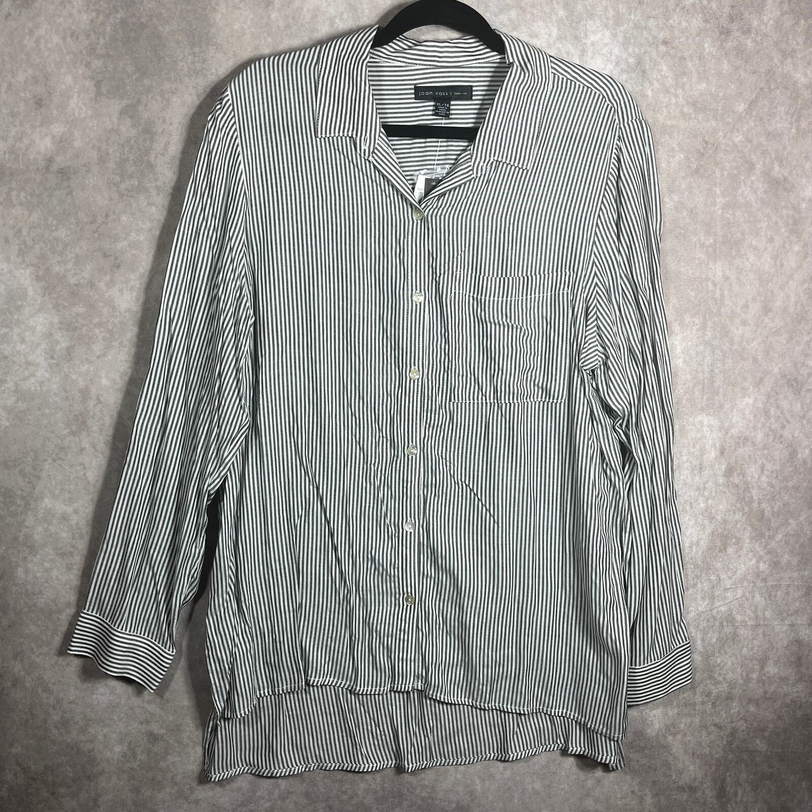 Joan Vass New York Shirt Womens Size XL White Black Striped Roll Tab Sleeves NEW