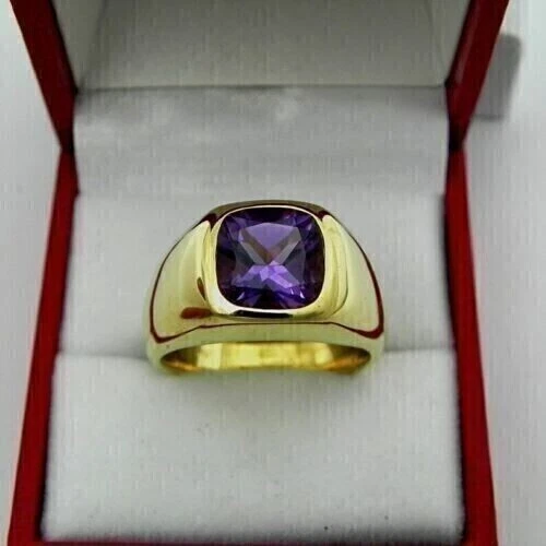 Великолепное кольцо унисекс с имитацией аметиста огранки подушки с покрытием из желтого золота 14 карат - Изображение 3 из 4