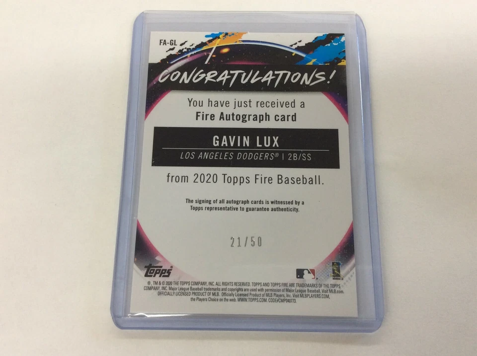 2020 Topps Fire Baseball Gavin Lux Fire Autograph Card #21/50 Signed FA-GL - Image 4 of 4