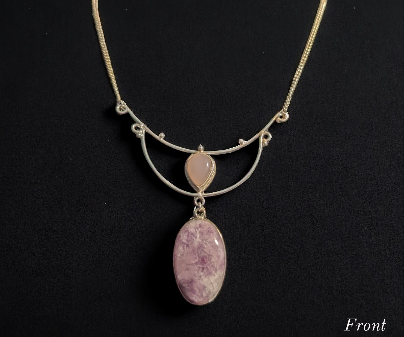 Elegant Purple Lepidolite and Rose Quartz Necklace in 925 Sterling Silver