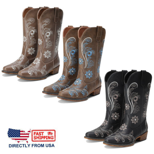 Women Cowboy Cowgirl Pull On Square Toe Music Festival Mid Calf Western Boots
