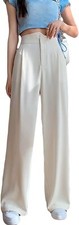 Women's Elastic High Waist Irregular Draped Business Dress Pants Wide Leg XS L