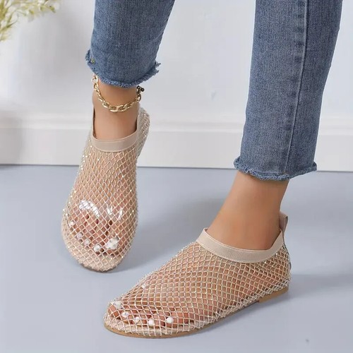 Women's Summer Round Toe Hollow Flat Sandals With Rhinestones Mesh 9 Khaki Beige - Picture 3 of 7