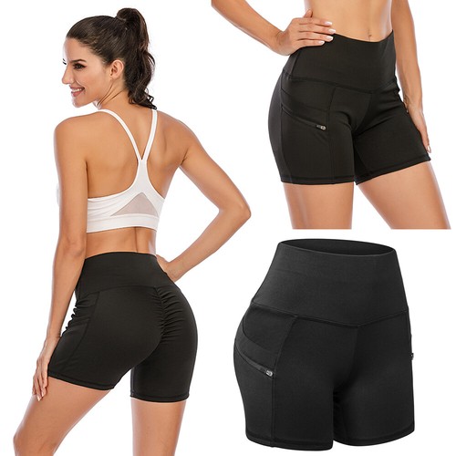 Womens Black Stretchy High Waist Yoga Shorts Pockets Biker Gym Pants Butt Lift