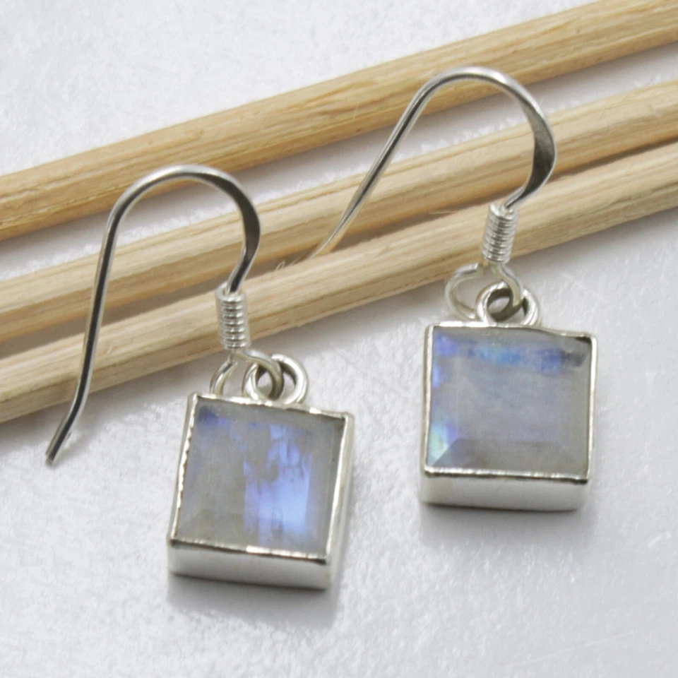 Pietra di Luna Orecchini Vero Argento 925 Pendenti Quadrato Cutstone Moderno - Immagine 3 di 4