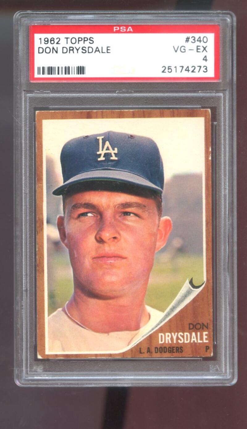 1962 Topps #340 Don Drysdale PSA 4 Graded Baseball Card MLB Los Angeles Dodgers