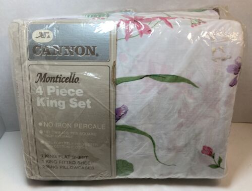 New Vintage Cannon Monticello King Sheet Set No Iron Floral Flowers USA 4 Piece - Picture 1 of 7