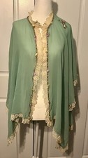 Vintage 1920s Green Boudior Silk Shawl Wrap Lace Ribbon Rosettes Embroidery
