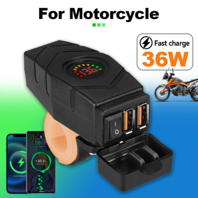 36W Motorcycle Dual USB Charger Handlebar QC3.0 Fast Charging Waterproof 12V