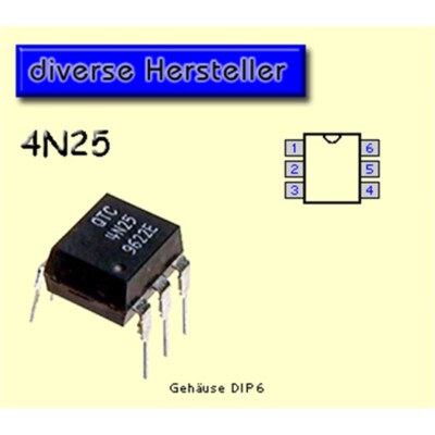 4N25 Optokoppler 1x CTR= 100% (>20%) 2500VAC DIP6