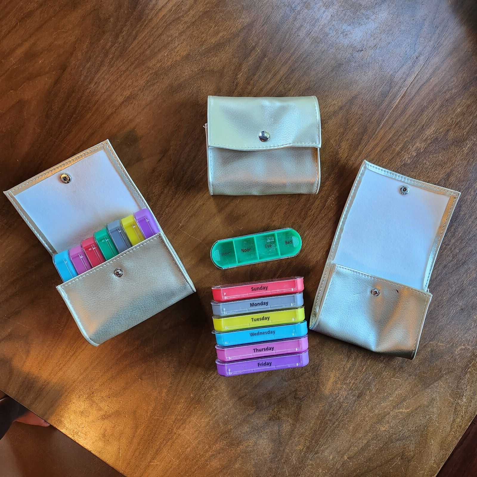 Pill Organizer Boxes, 1 week, colorful boxes with Gold travel case LN