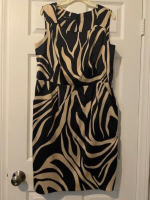 NWT Size 16 I.N. STUDIO Black Tan Animal Print POCKETS Stretch Sheath Dress Knee