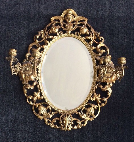 Cherub Wall Mirror / Candle Wall Sconce - Antique Gold Gilt Metal - Picture 2 of 10