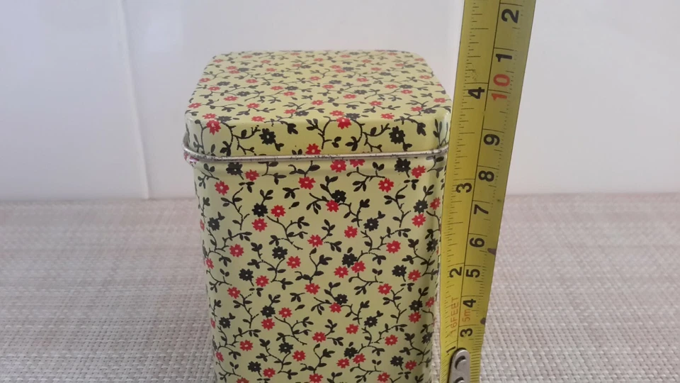 Unmarked  Yellow Metal Tin Storage Container Box Red/Black Flowers 3.75x2.5x2.5" - Image 4 of 4