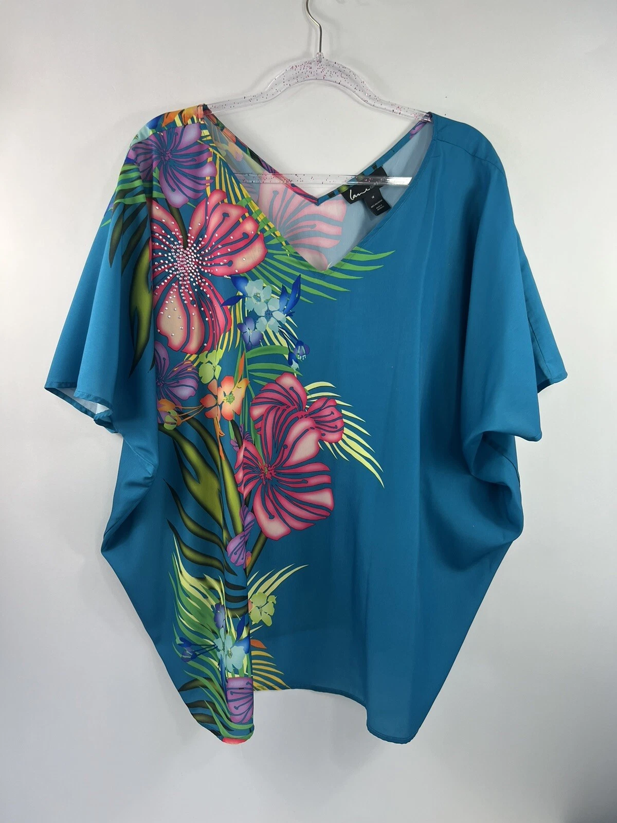 Lane Bryant Top Women's Sz 16 Blue Floral Sequins Rectangular Poncho V-Neck
