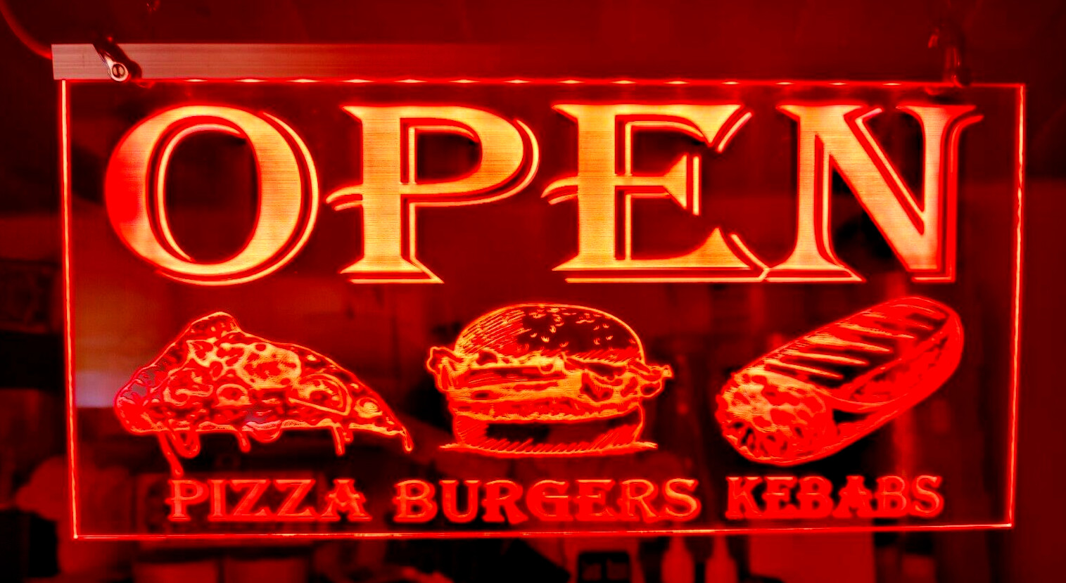 Leuchtendes LED-Schild Pizza Burger Kebabs zum Mitnehmen offen Neon Schaufenster Restaurant