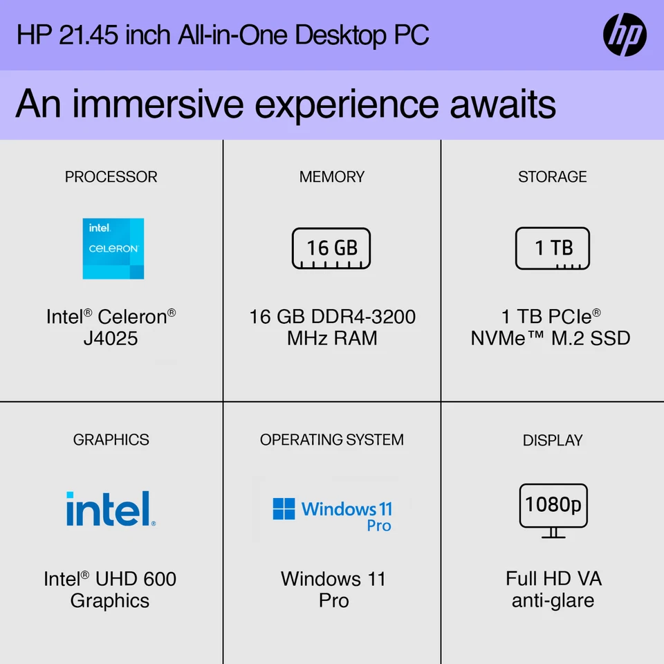 2024 HP All-In-One Computer Desktop 21.5" Intel Celeron 16GB 1TB SSD Win 11 Pro - Image 3 of 4