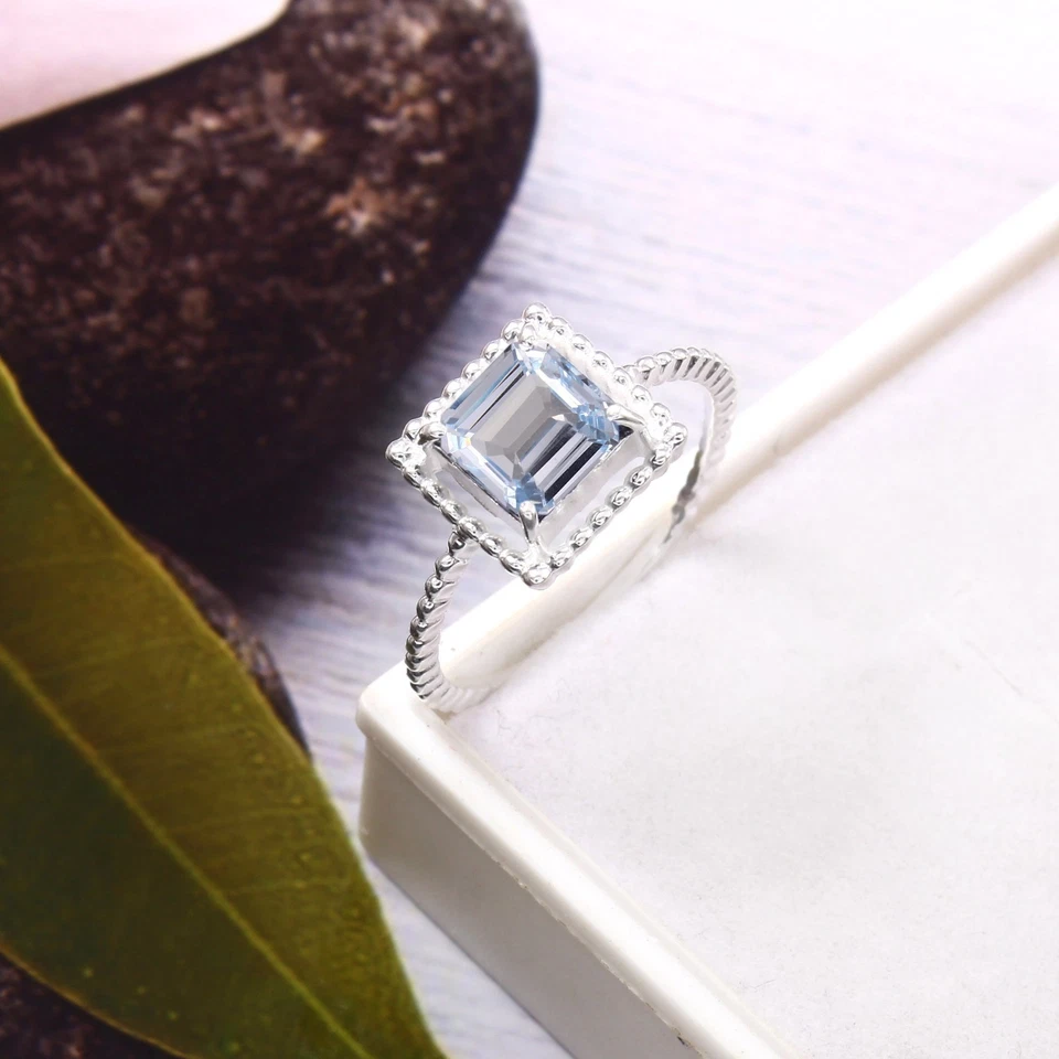 AAA Aquamarin Ring Asscher Cut Edelstein 7x7 MM Sterlingsilber Verlobungsring - Bild 2 von 4