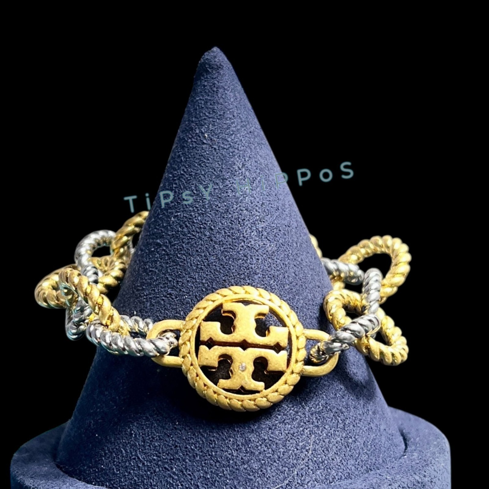 TORY BURCH Gold and Silver Rope Chain Link Bracelet With Toggle Clasp thumbnail 7