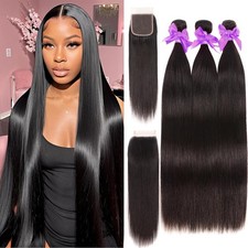 Tandovee Straight Bundles Closure Human Hair 20 22 24 18 Brazilian Human Hair