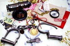 Silver Iron Shackles with Chain   Vintage Police Handcuffs with Brass Tags