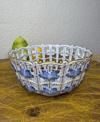 Herend Porzellan Durchbruchschale Korb Blau Weiß Gold   handbemalt Top Zustand