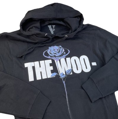 Vlone x Pop Hoodie Men Sz L Smoke The Woo Pullover Rap Double Sided Black Rose