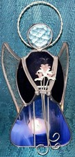 Stained Glass Angel Candle Holder Holding Flowers Cobalt Blue Luminary Christmas