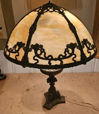 Bradley & Hubbard style 6 Slag Panel Glass Lamp with Shade 17.25"
