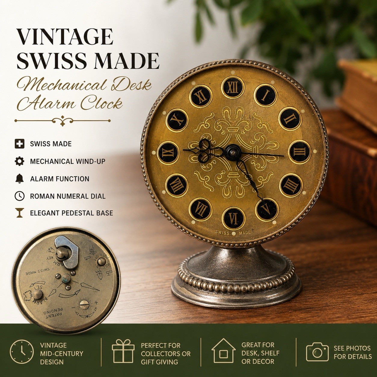 Swiss Made Vintage Mechanical Wind Up Desk Alarm Clock Roman Numerals Metal photo Swiss Made Vintage Mechanical Wind Up Desk Alarm Clock Roman Numerals Metal featured image