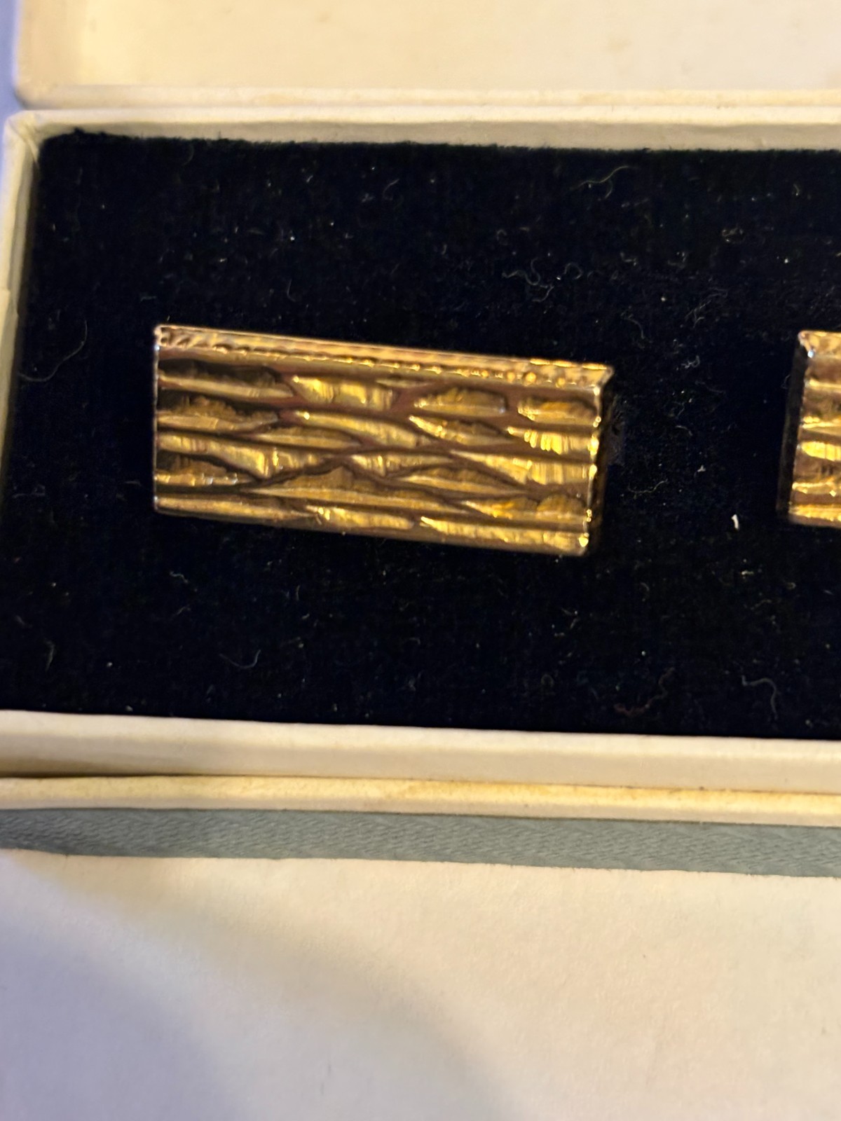 Rectangular gold cufflinks with textured bark sty… - image 3