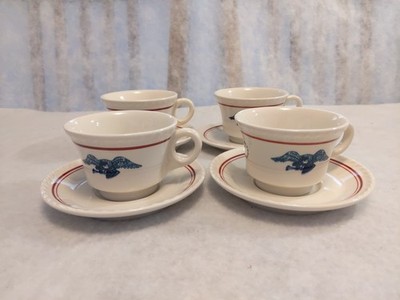 Rare VTG Vitrified Walker China Blue Eagle Red Line Cups&Saucers 10-52  Set of 4